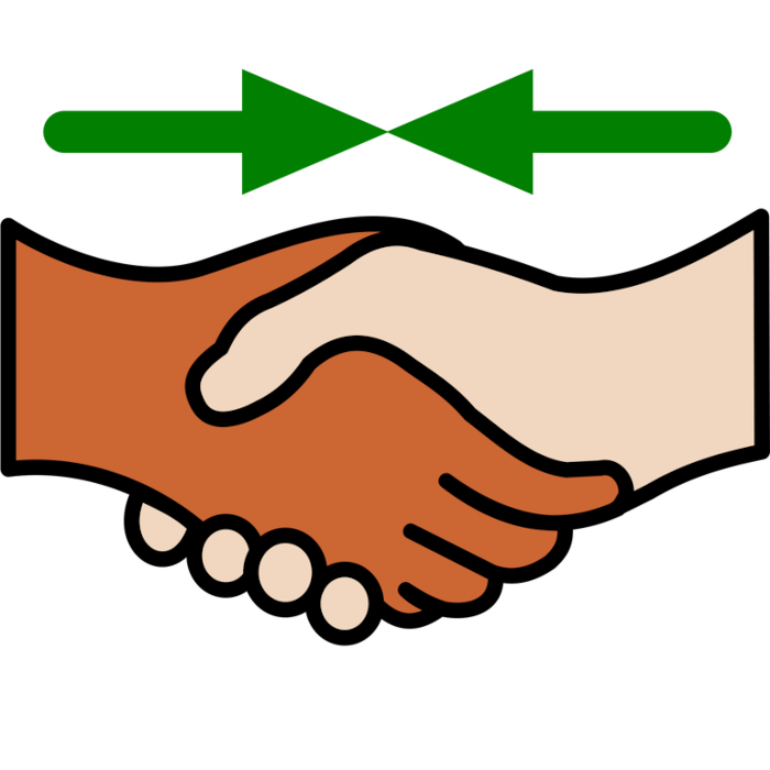 a brown-skinned and pale-skinned hand shaking hands. above them two green arrows point to each other .